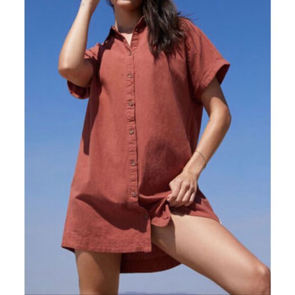 NWOT Rhythm. Classic Linen Blend Short Sleeve Button Up Shirt Dress Women's XS - Picture 1 of 11